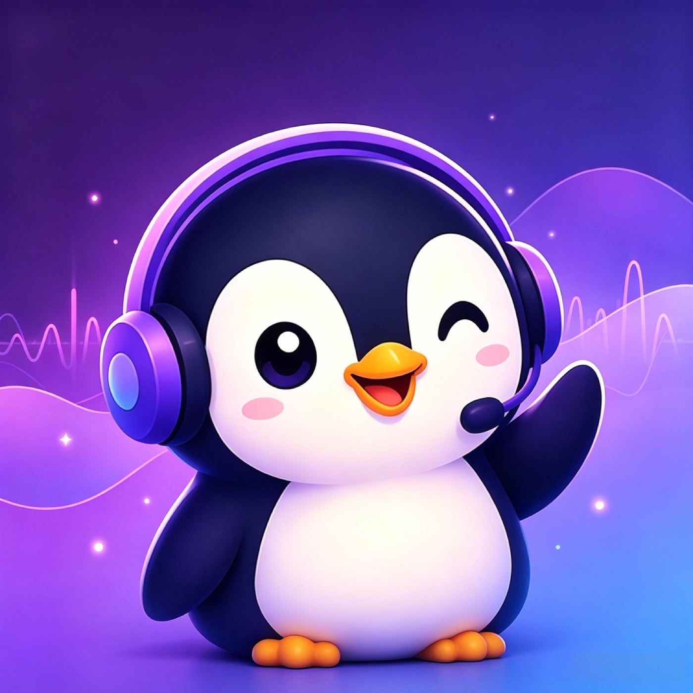Yovoa penguin host wearing a headset